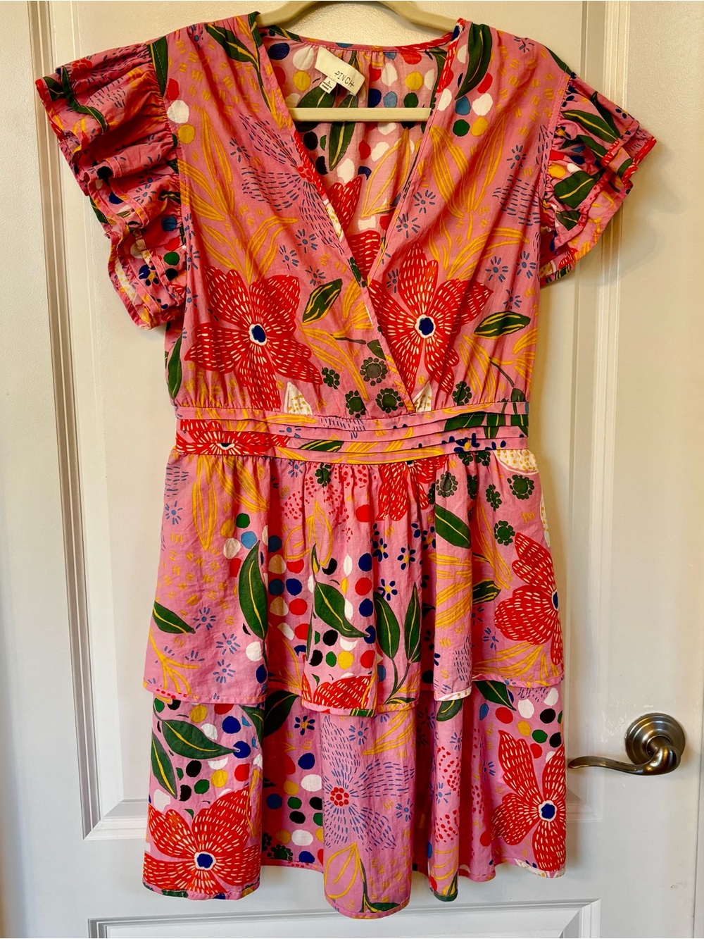 Pinch Floral Pink Dress Ruffle Sleeves V-Neck Size Large